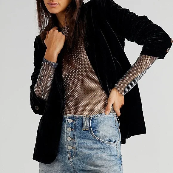 Free People Crystal Mesh Long Sleeve Black Top Shinny - Picture 9 of 9